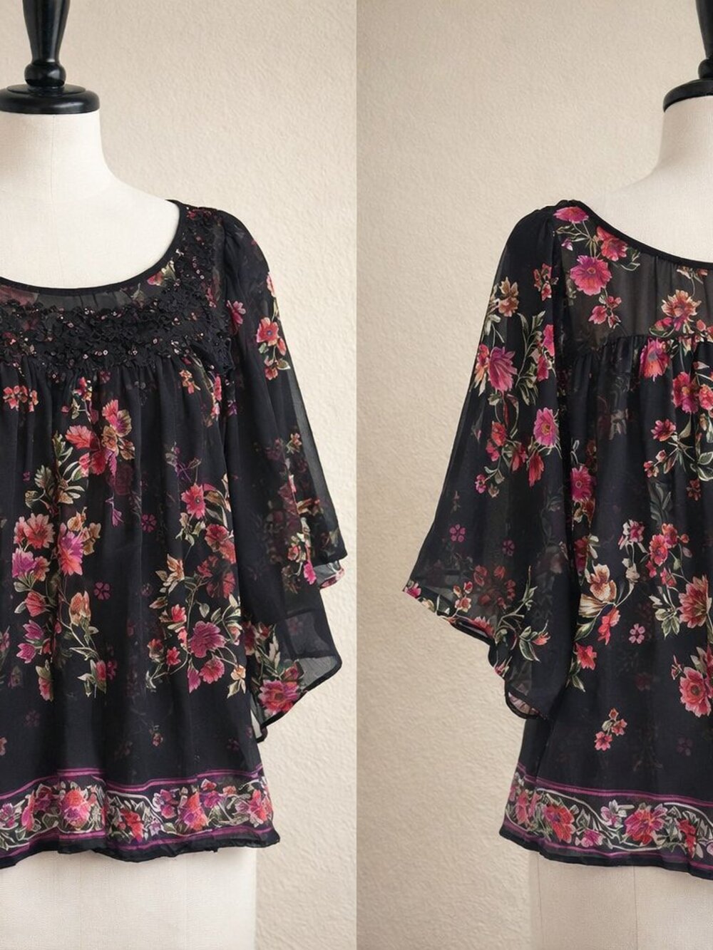 Floral Black Sheer Boho Top - Women's Angie NWT Large
